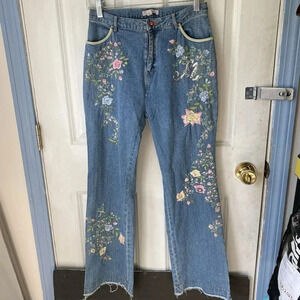 Moiselle Y2K Jeans Women 0/W27 Floral Embroidered Light Wash Blue Fray Hem Fairy